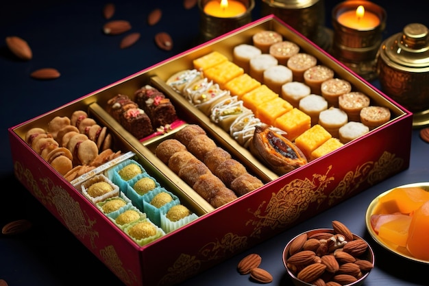 assorted indian sweets or mithai packed in a beautiful box or container