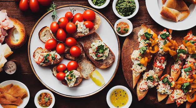 Assorted italian food dinner bruschetta cheese vegetables and sauces