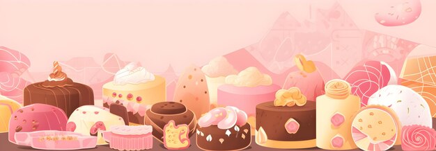 Photo assorted japanese sweets and flowers in pastel pink colors illustration