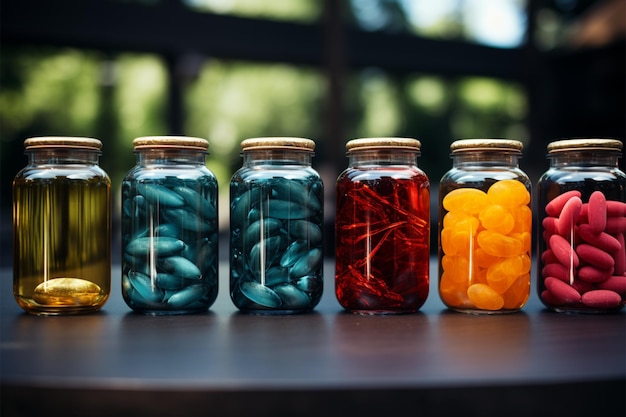 Assorted jars hold biologically active additives in the form of capsules