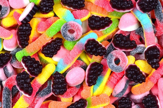 Assorted juicy colorful gummy candies.