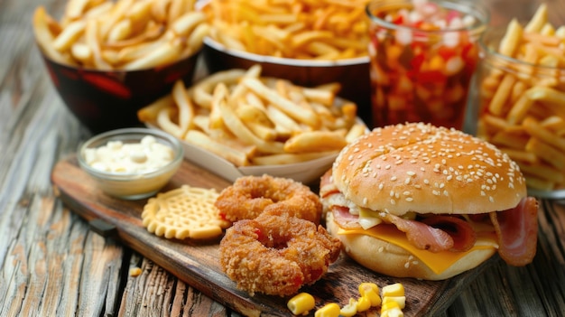 Photo assorted junk food on wooden table highangle composition with variety of snacks and fast food