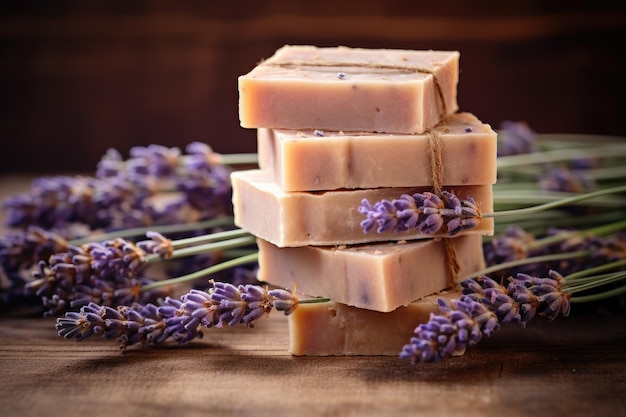 Assorted lavender soap bars stacked on vintage wooden background with soft focus