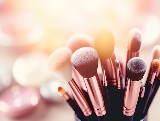 Photo assorted makeup brushes with copy space beauty artist workspace bunch of different brushes on