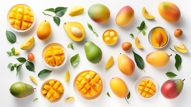 Photo assorted mangoes and slices arranged neatly on white background