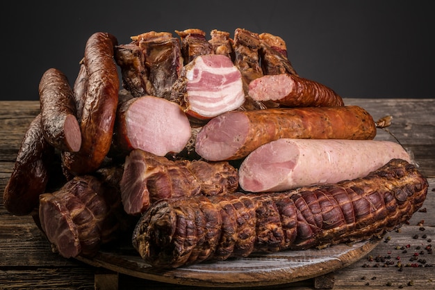 Assorted meat products including ham and sausages