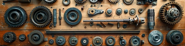 Assorted Mechanical Gears and Machine Parts on Wooden Background