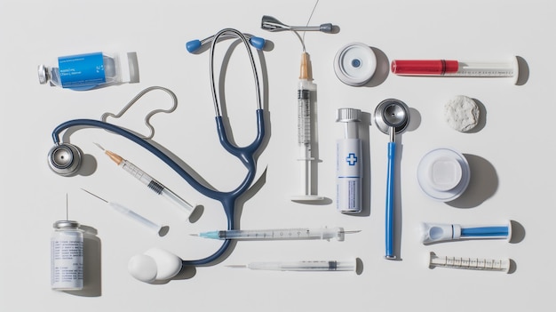 Foto strumenti e rifornimenti medici assortiti ben disposti su uno sfondo bianco che mostra l'equi di assistenza sanitaria