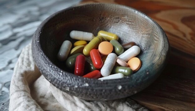 Assorted medication in bowl healthcare concept