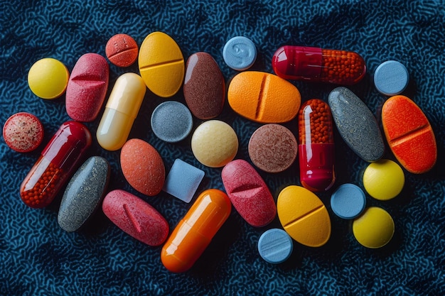 Различные лекарственные таблетки на текстурированном синем фоне