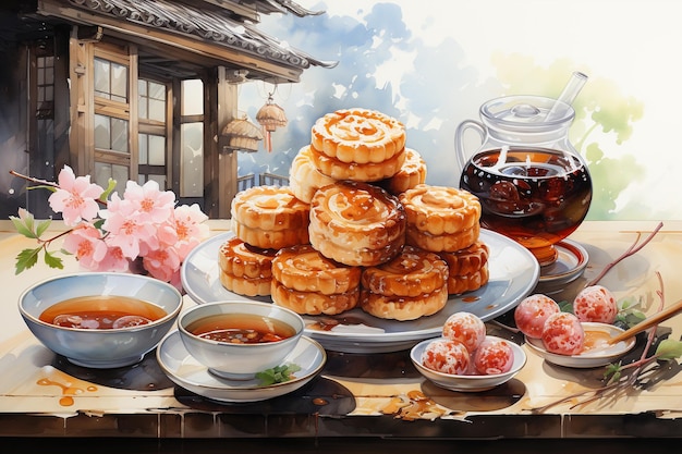 写真 様々な月のケーキとお茶 中秋祭のコンセプト水彩画