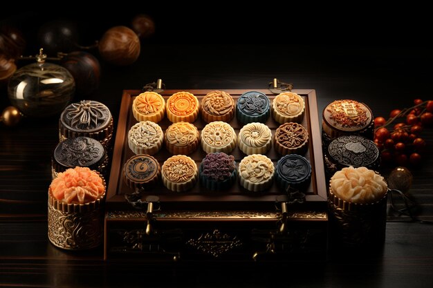 Assorted moon cake in a wooden tray Mid Autumn Festival concept illustration