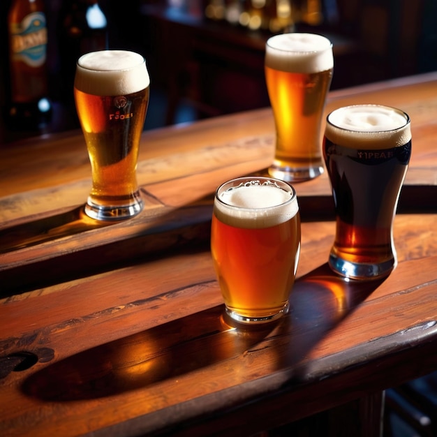 Фото Различные кружки и бокалы пива на деревянной столе в пабе и баре