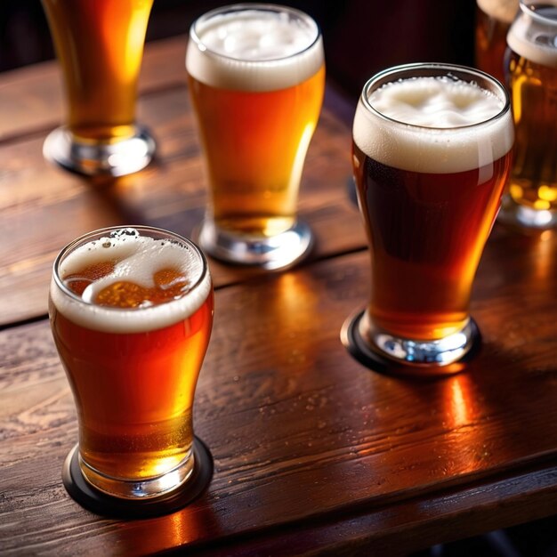 Photo assorted mugs and glasses of beer ale on wooden tabletop in pub and bar