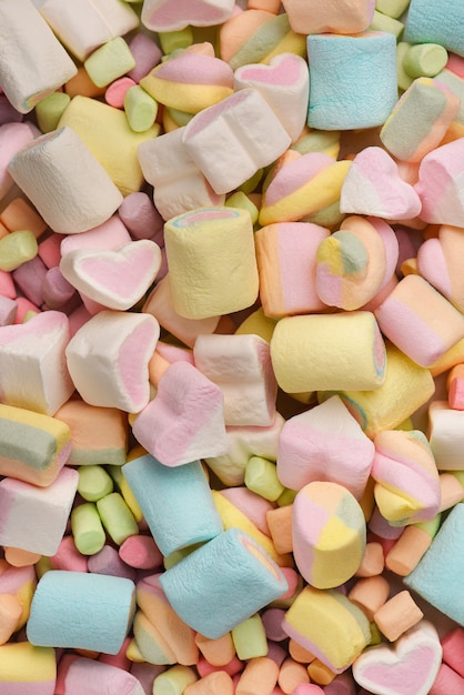 Assorted multicolor marshmallows close-up top view. sweet marshmallows close-up.