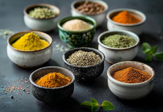 Assorted natural spices in bowls on black background