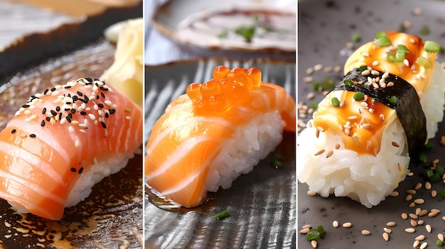 Различные суши Nigiri на рустическом фоне Традиционная японская кухня отображает свежие ингредиенты на Slate AI