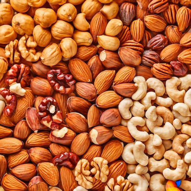 Assorted nuts for a background Almond walnutcashew pistachios hazelnuts peanuts