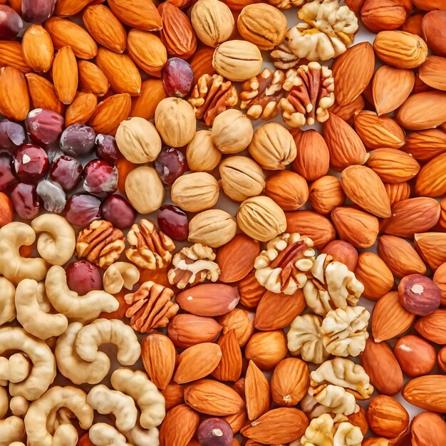 Photo assorted nuts for a background almond walnutcashew pistachios hazelnuts peanuts