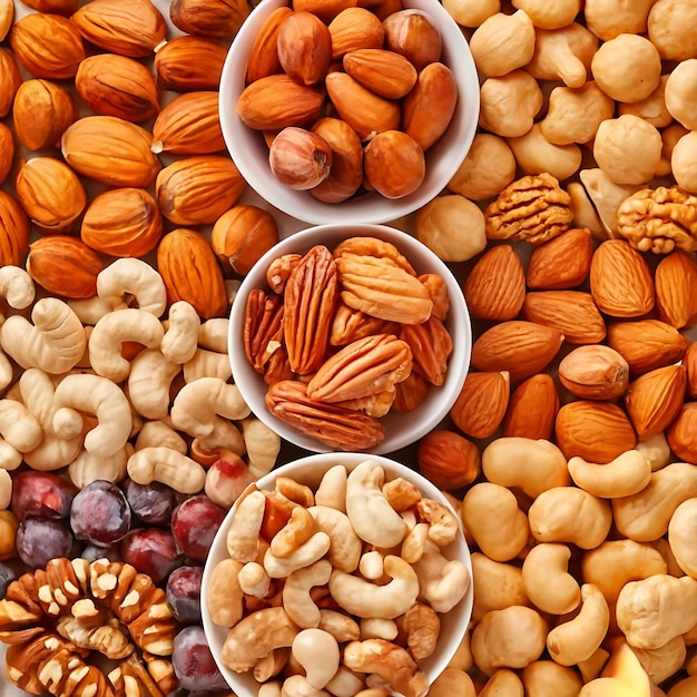 Assorted nuts for a background Almond walnutcashew pistachios hazelnuts peanuts