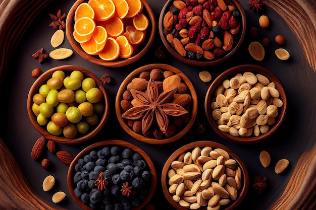 Assorted nuts and dried fruit background Generative Ai