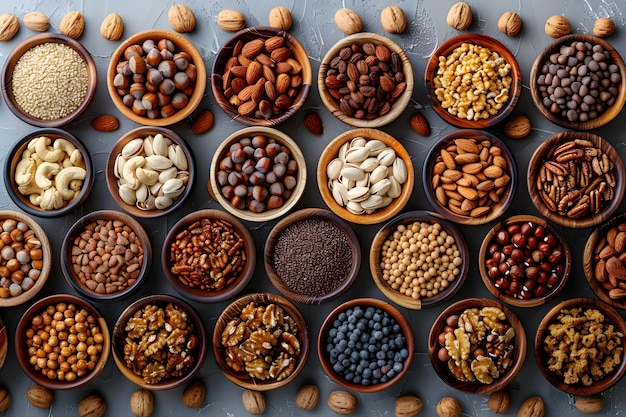 Assorted nuts and seeds in rustic wooden bowls for baking