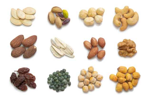 Assorted nuts sets on isolated white background