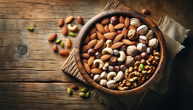 Assorted nuts in wooden bowl on rustic table