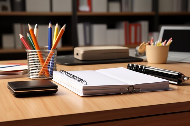 Photo assorted office supplies on the desk