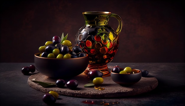 Assorted olives in a glass jar with olive oil on a dark backgroundgenerative ai