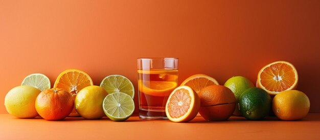 Assorted Oranges and Lemons With Glass of Water