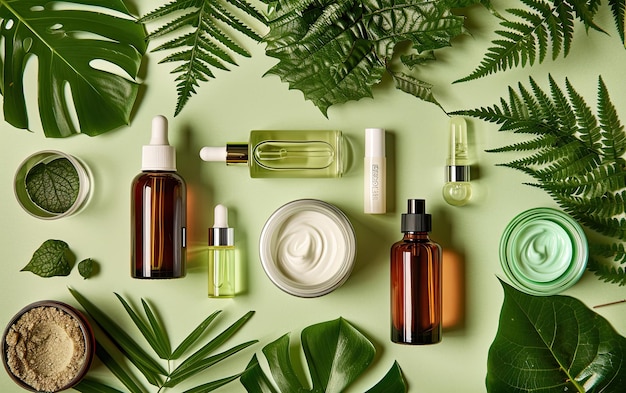 Foto una varietà di bottiglie e creme biologiche per la cura della pelle con foglie tropicali su uno sfondo pallido