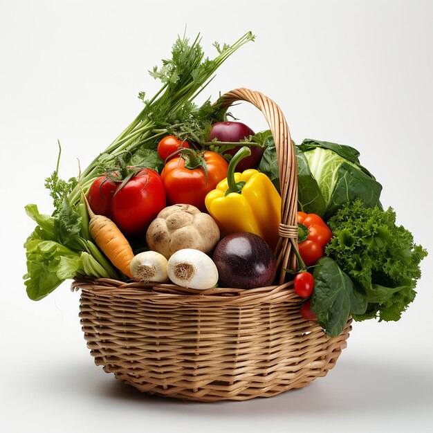 Assorted organic vegetables and fruits in wicker basket isolated on white background