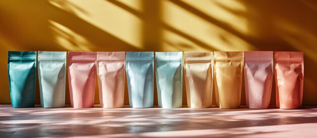 Photo assorted pastel coffee and tea packaging bags