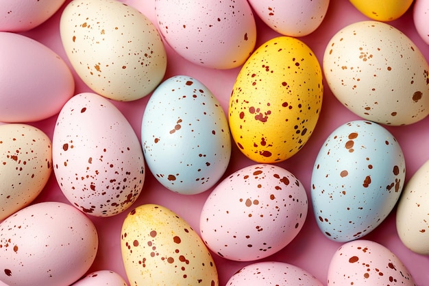 Assorted pastelcolored plastic easter eggs with brown spots on a pink background