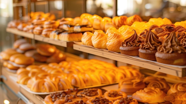 Assorted pastries on bakery shelves with warm tones