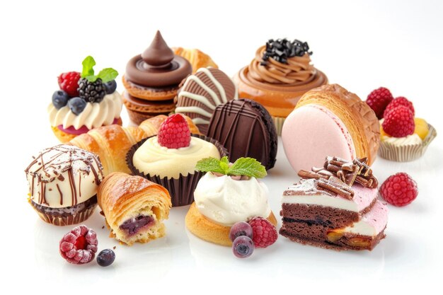Foto una varietà di dolci e dessert elegantemente presentati su uno sfondo bianco incontaminato