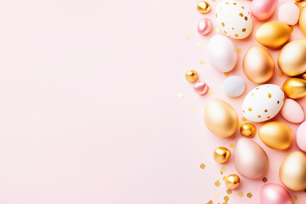 Foto diverse uova di pasqua di pesche e oro disposte su uno sfondo rosa solido