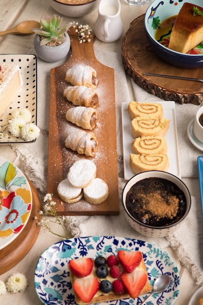 Assorted peruvian desserts peru sweet food buffet table brunch