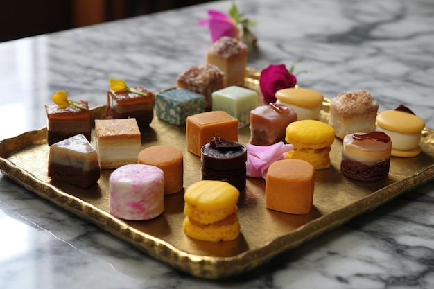 생성 AI로 만들어진 세련된 대리석 트레이에 다양한 petit fours