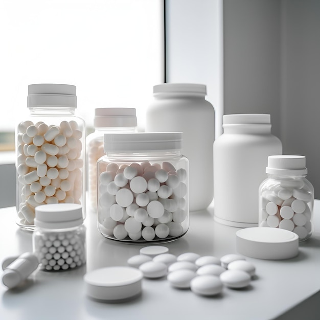 Assorted pharmaceutical medicine pills tablets and capsules in plastic bottles on windowsill