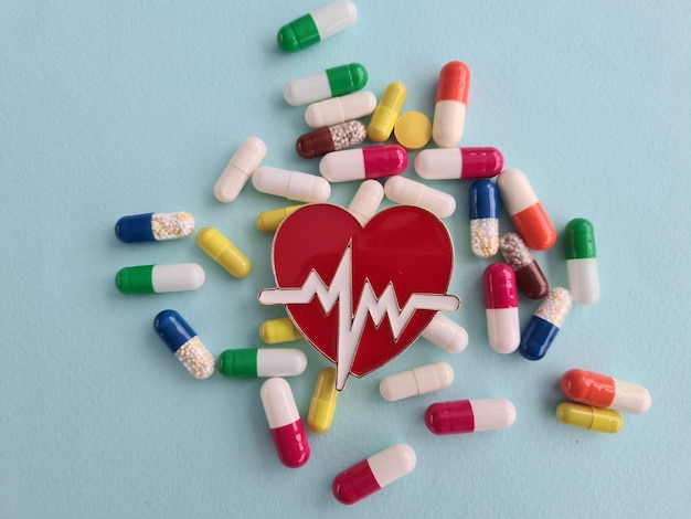 Assorted pharmaceutical tablets pills and capsules for treatment of heart disease