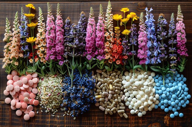 Photo assorted pharmaceuticals and flowers on wooden background top view