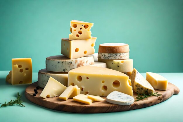 Assorted pieces of hard cheese on the table cheese tower light greenish blue background