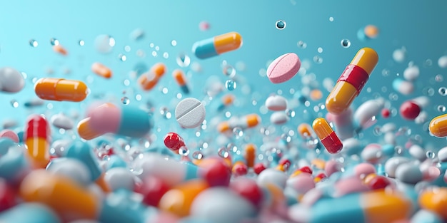 Различные таблетки и капсулы на синем столе Медицина и концепция здоровья