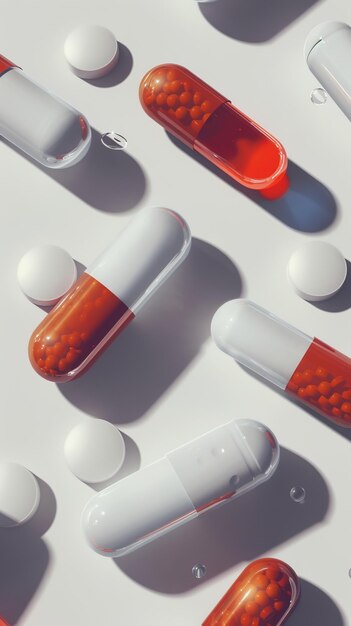 Assorted pills and capsules on white surface