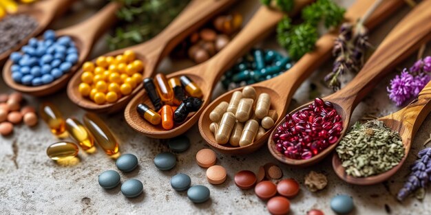 Assorted Pills Neatly Arranged on Wooden Spoons