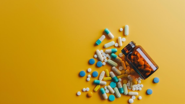 Assorted pills spill from a bottle on a bright yellow background