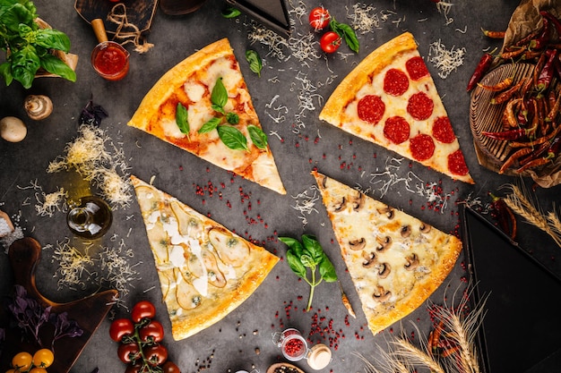 assorted pizza slices with different toppings