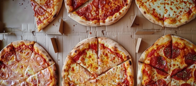 Photo assorted pizzas on cardboard box